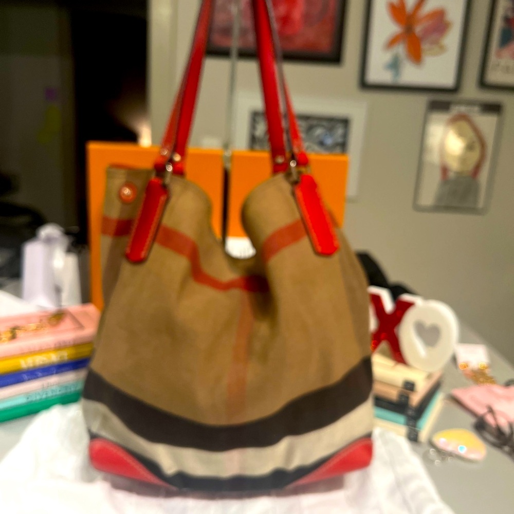 SOLD Burberry EUC bucket bag with red leather trim and original dust bag.